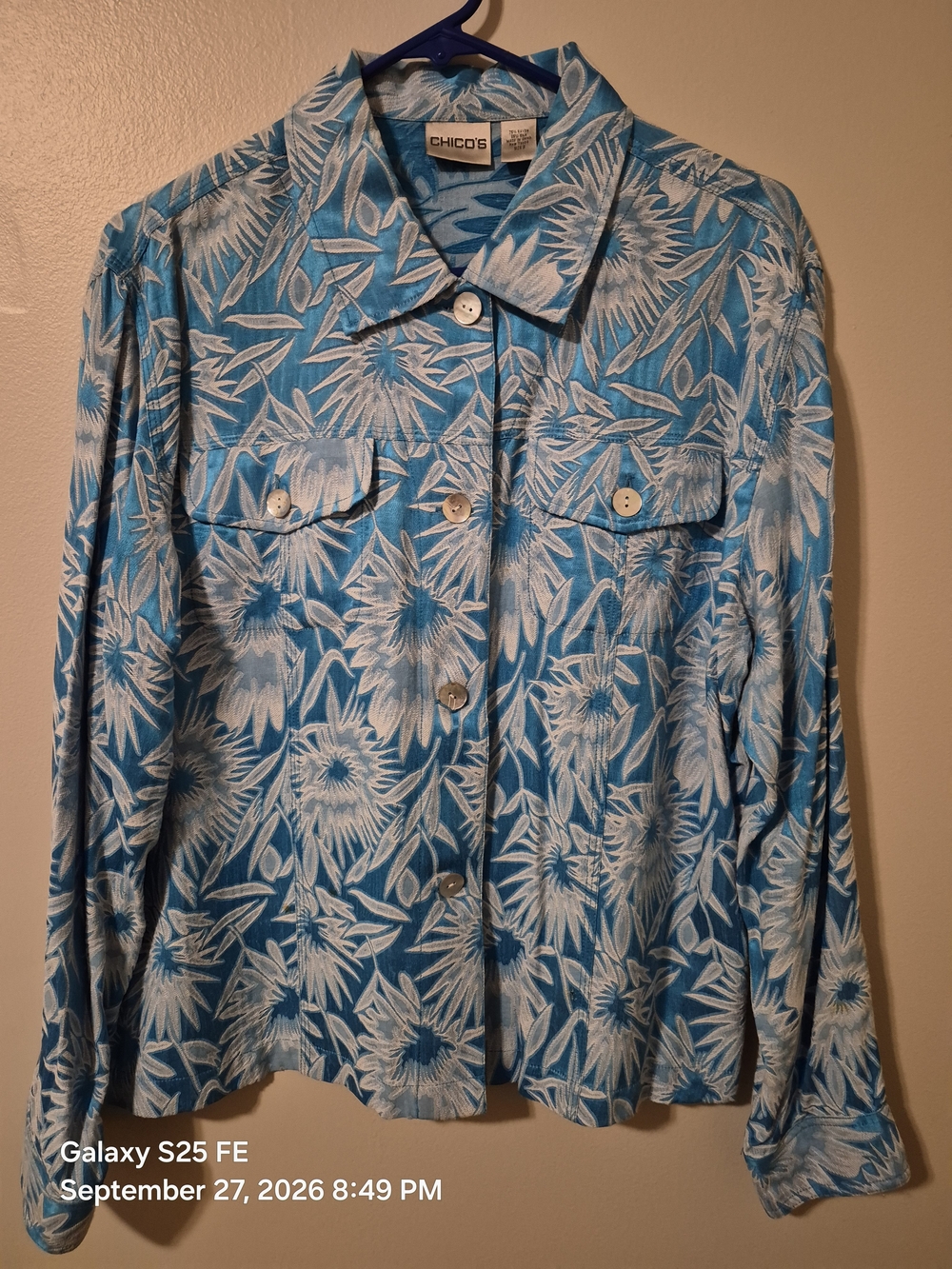 Chico's Blue & White Floral Button-Front Blazer